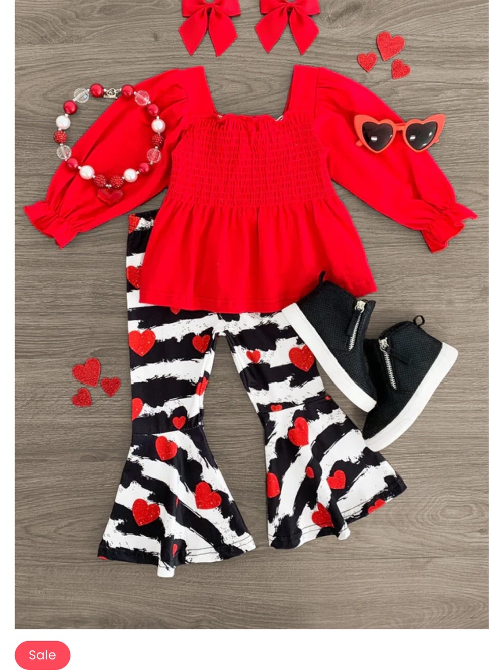 Red Smocked Peasant Top with Heart Stripe Ruffle Pants Set